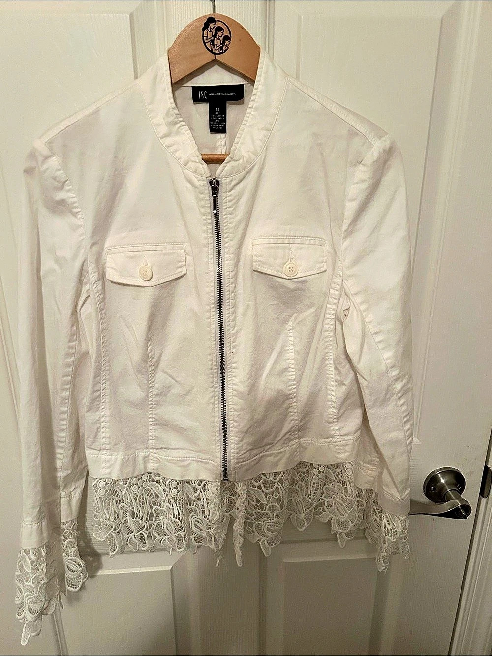 INC International Concepts Lace Hem Bomber Jacket in White Size Medium